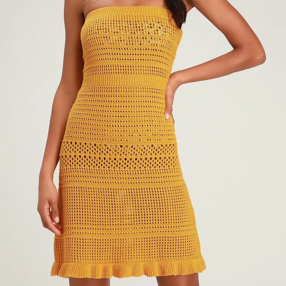 Lulu's Adalia Mustard Yellow Strapless Crochet Swim Coverup Dress XS